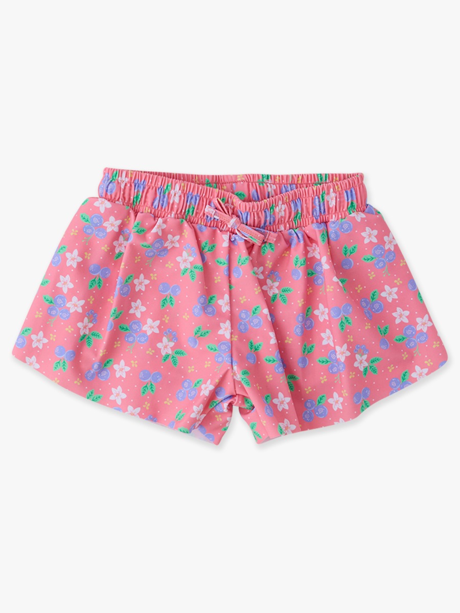 Line drawing of Blueberry Bliss Active Butterfly Shorts. A dotted circle indicates the approximate location for personalization.
