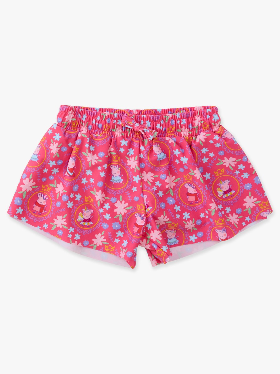 Line drawing of Dress Up Peppa Pig Active Butterfly Shorts. A dotted circle indicates the approximate location for personalization.