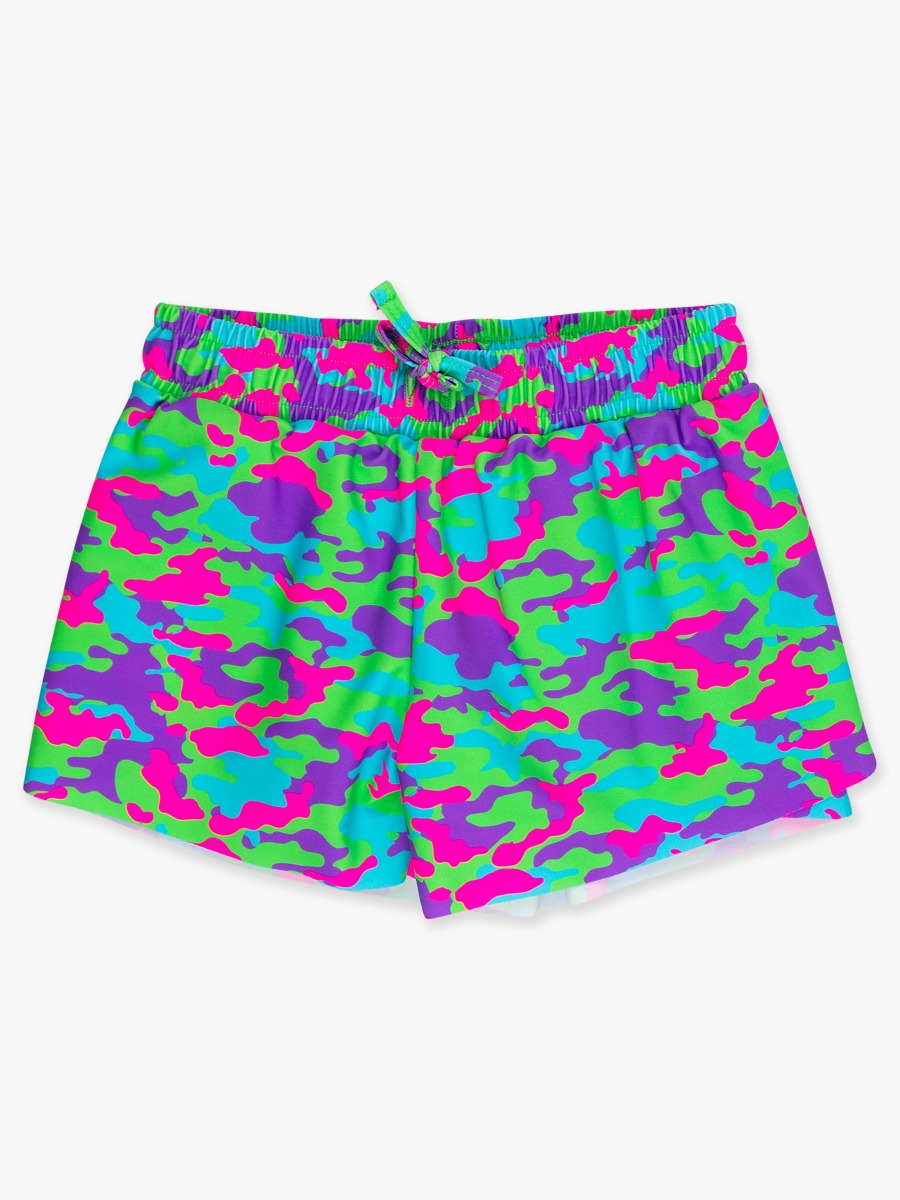 Line drawing of Neon Camo Active Butterfly Shorts. A dotted circle indicates the approximate location for personalization.