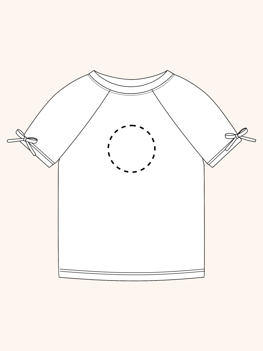Line drawing of Red Vintage Polka Dot Active Raglan Bow Shirt. A dotted circle indicates the approximate location for personalization.