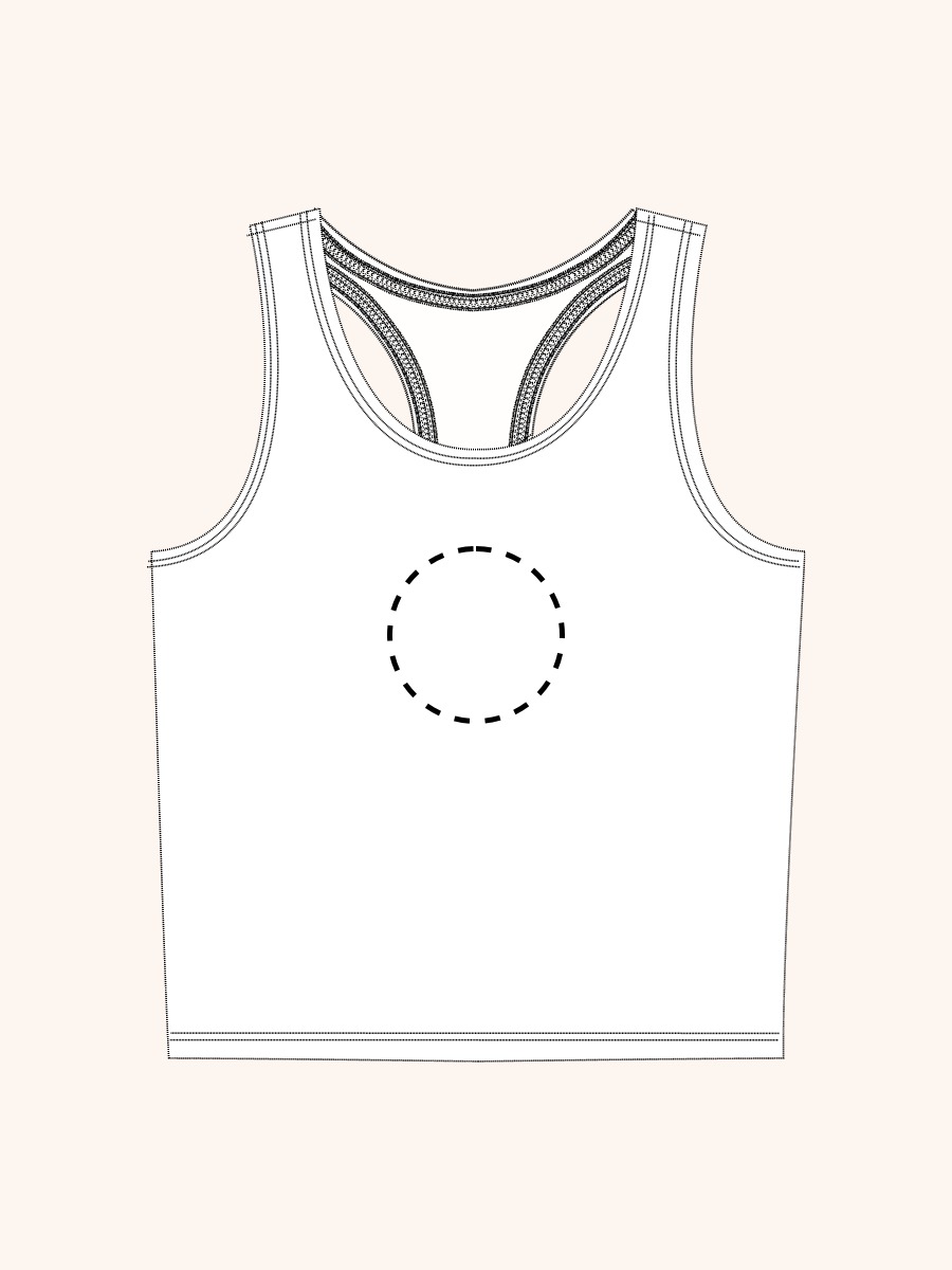 Line drawing of Red Active Tank Top. A dotted circle indicates the approximate location for personalization.
