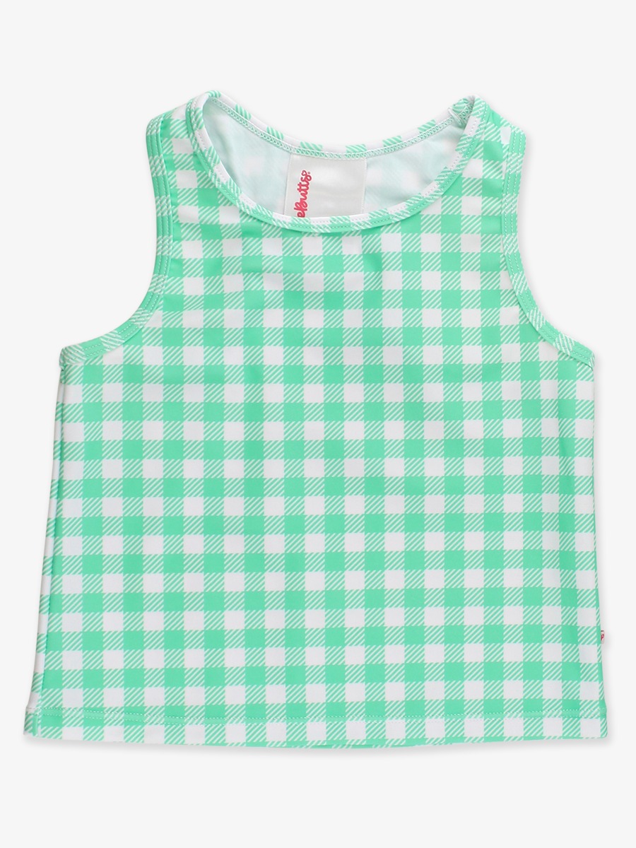Line drawing of Spring Green Gingham Active Tank Top. A dotted circle indicates the approximate location for personalization.