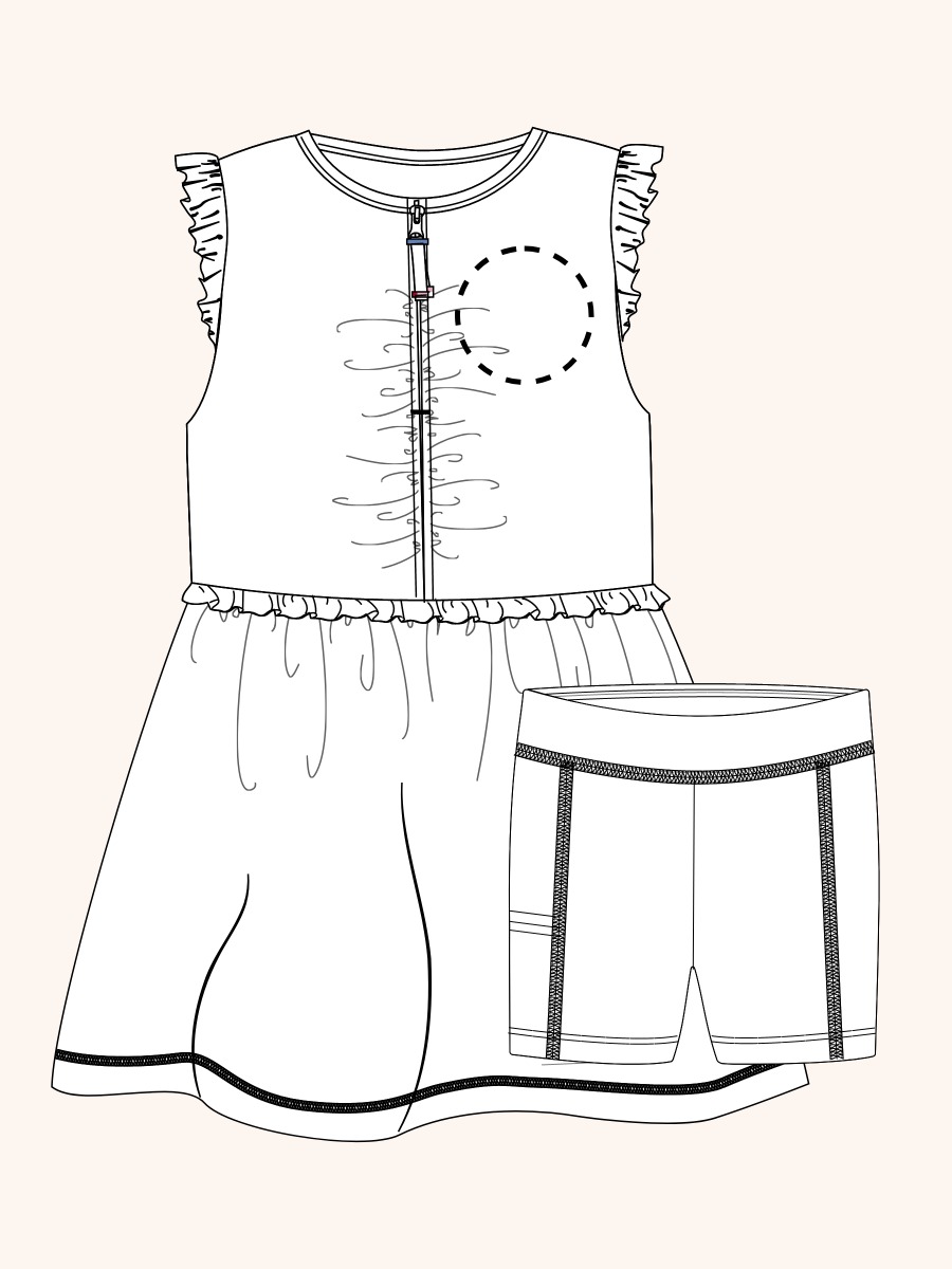 Line drawing of Coconut Cabana Active Sleeveless Zip Ruffle Sleeve Dress & Bike Short Set. A dotted circle indicates the approximate location for personalization.
