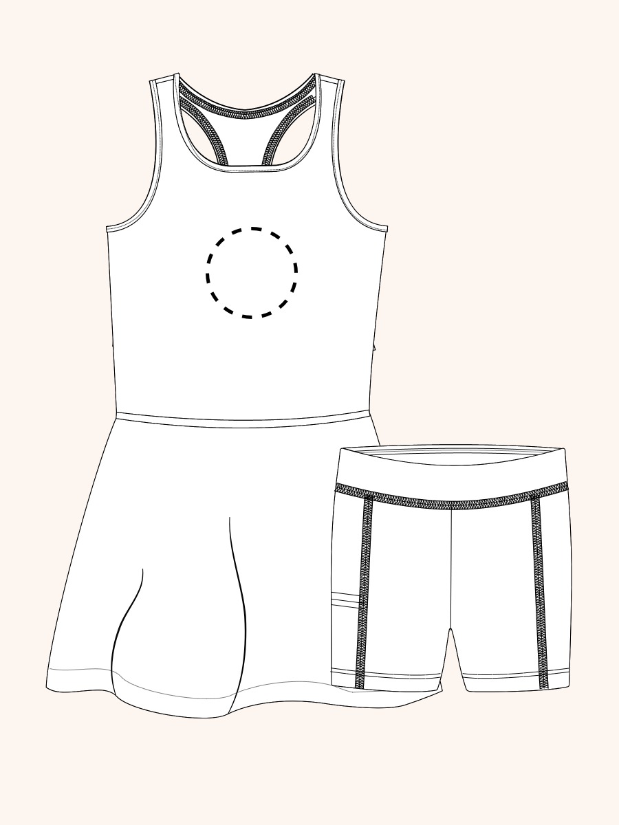 Line drawing of a swimsuit. A dotted circle is placed on the front center of the swimsuit's chest area, indicating the approximate location for personalization.