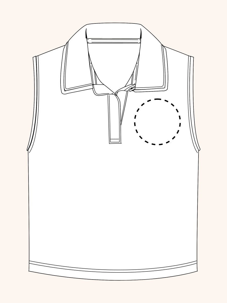 Line drawing of Pink Sleeveless Polo Active Top. A dotted circle indicates the approximate location for personalization.