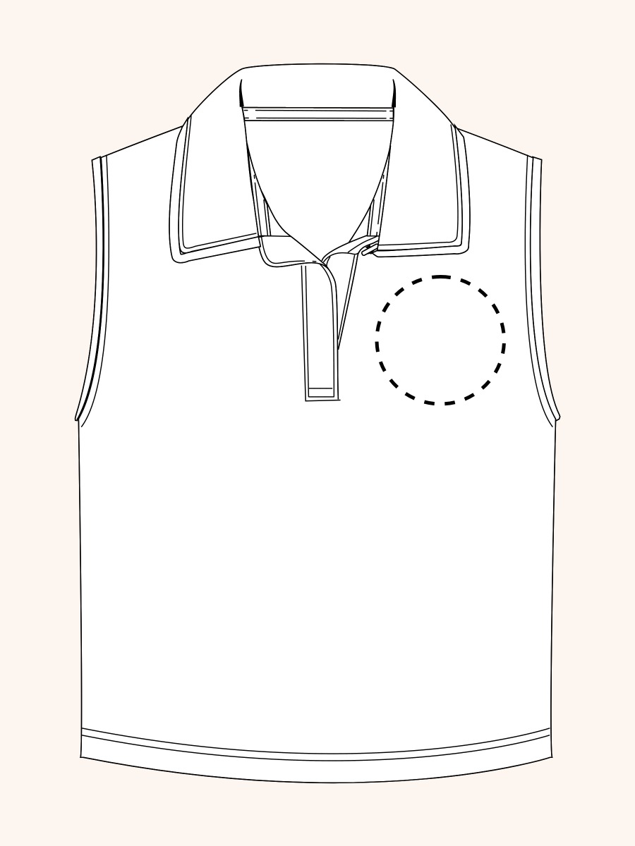 Line drawing of Red Sleeveless Polo Active Top. A dotted circle indicates the approximate location for personalization.