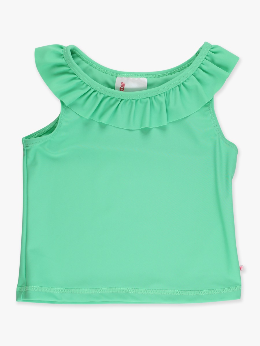 Line drawing of Spring Green Active Ruffle Tank Top. A dotted circle indicates the approximate location for personalization.