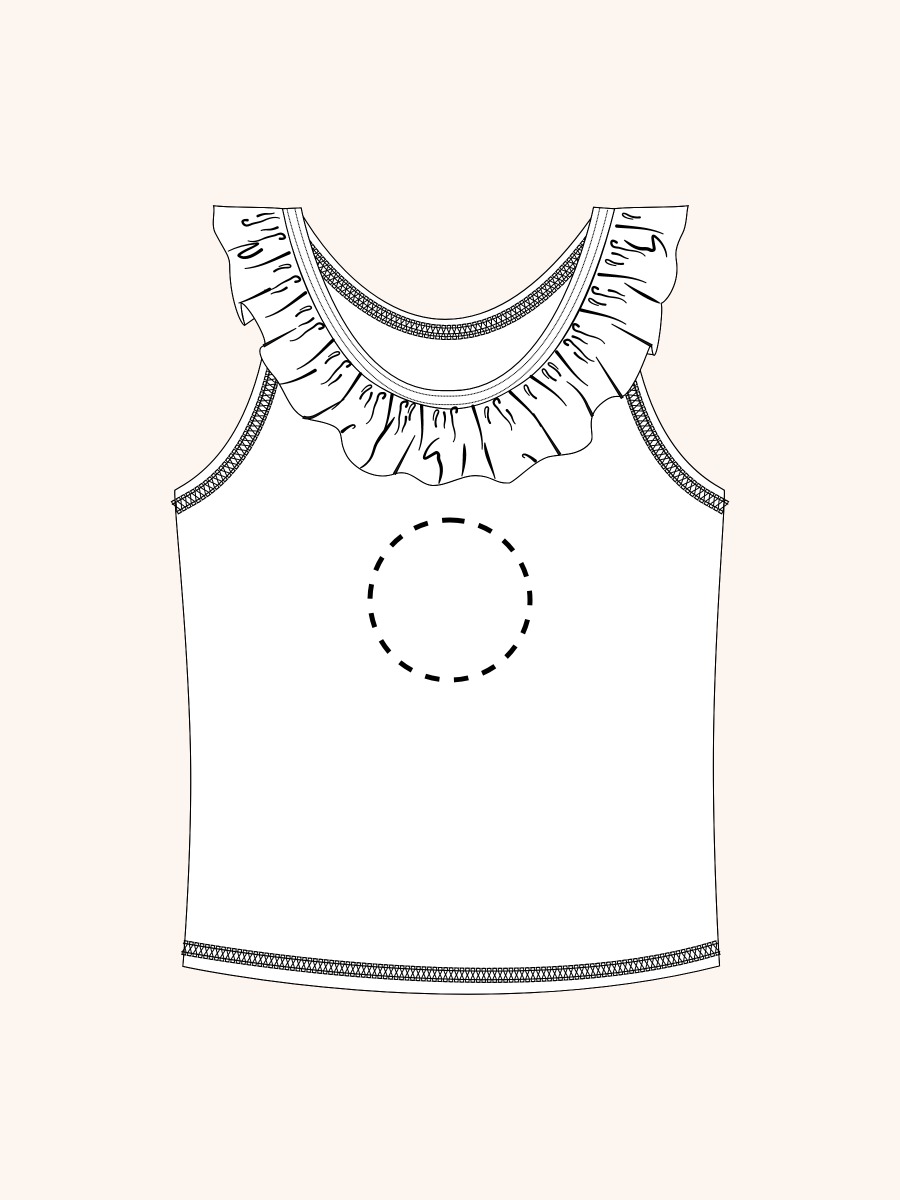 Line drawing of Lavender Floral Princess Active Ruffle Tank Top. A dotted circle indicates the approximate location for personalization.