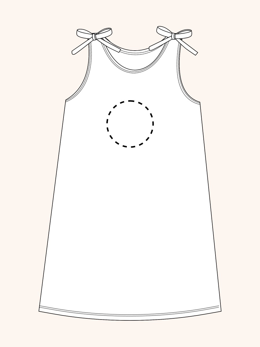 Line drawing of a swimsuit. A dotted circle is placed on the front center of the swimsuit's chest area, indicating the approximate location for personalization.