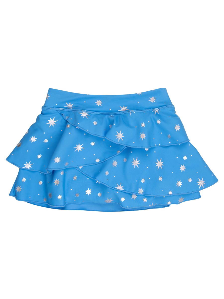 Line drawing of Crystal Blue Princess Active Princess Tiered Skort. A dotted circle indicates the approximate location for personalization.