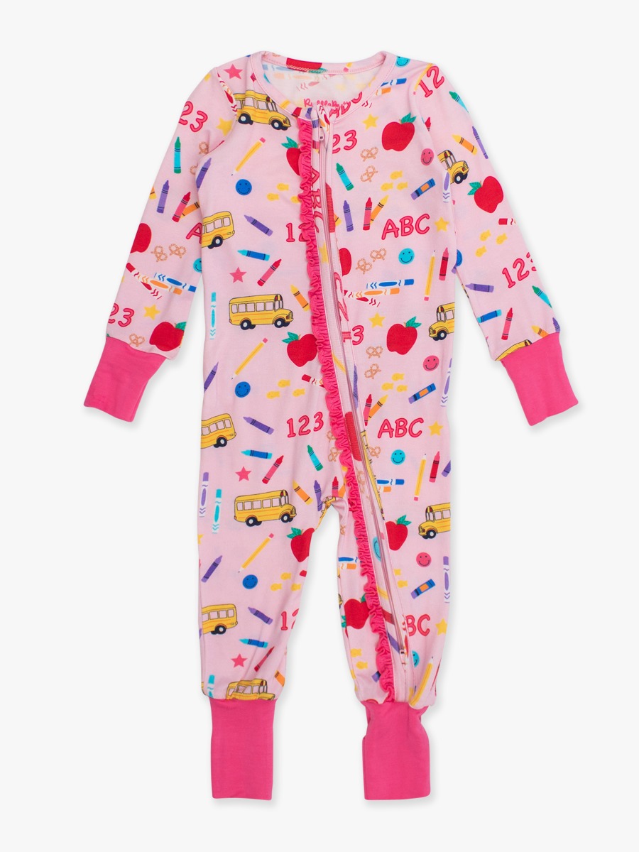 Pink School House Convertible Ruffle One Piece Pajama, Bamboo Viscose