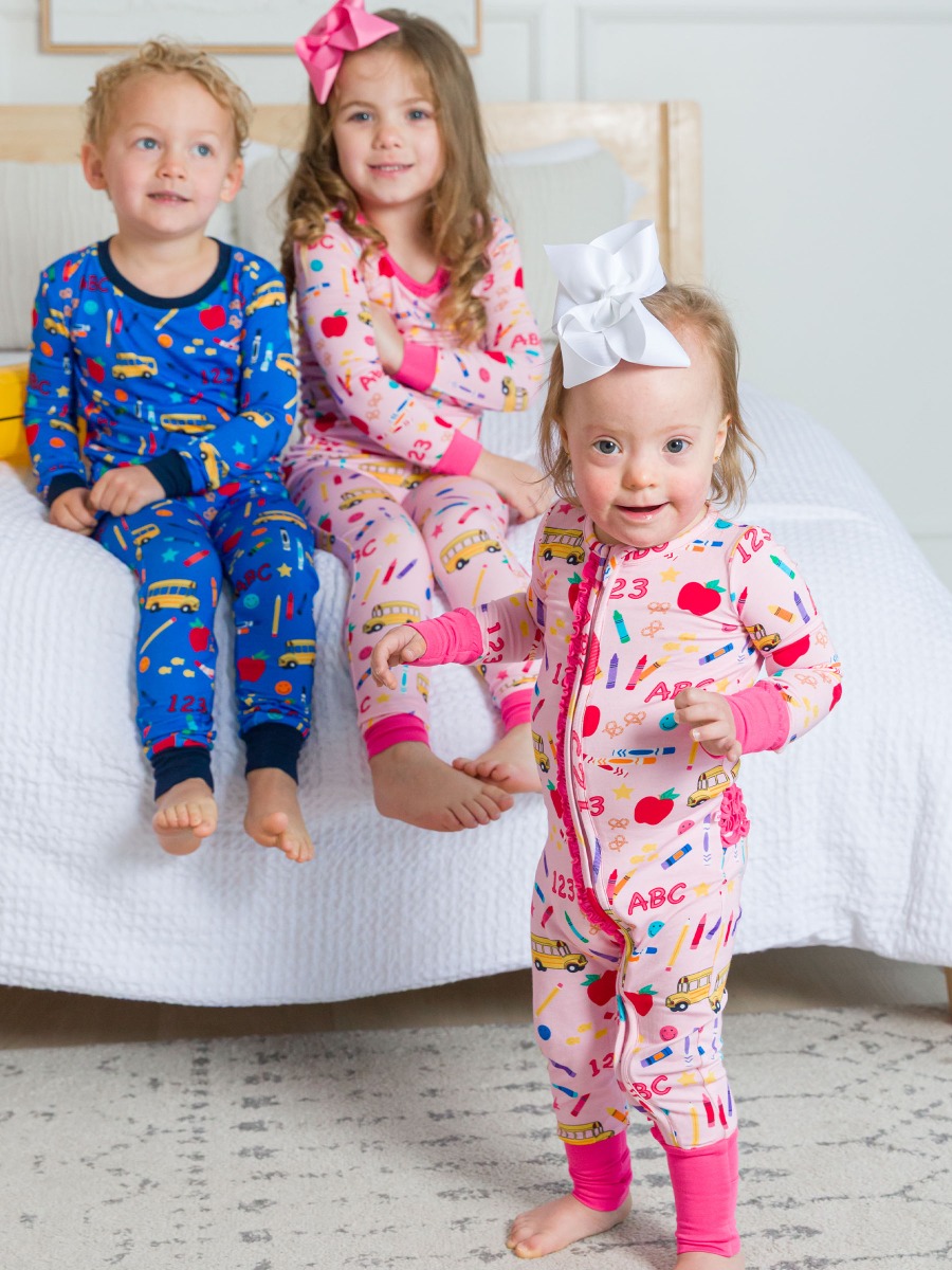 Pink School House Convertible Ruffle One Piece Pajama, Bamboo Viscose