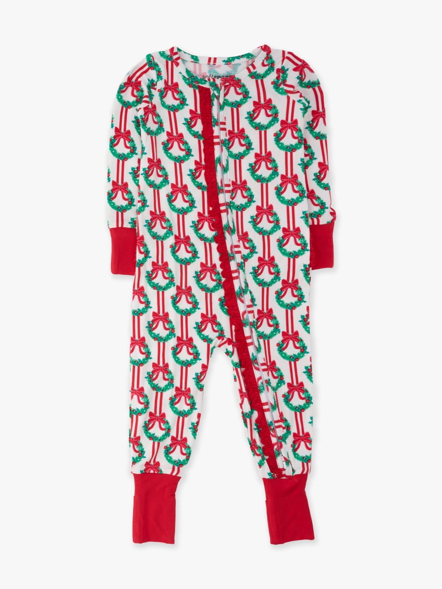Line drawing of Deck The Halls Convertible Ruffle One Piece Pajama, Bamboo Viscose. A dotted circle indicates the approximate location for personalization.