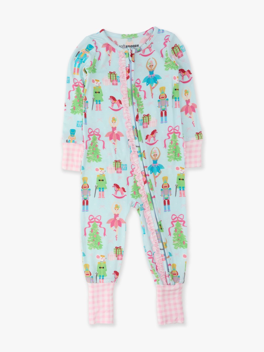 Line drawing of Nutcracker Wishes Convertible Ruffle One Piece Pajama, Bamboo Viscose. A dotted circle indicates the approximate location for personalization.