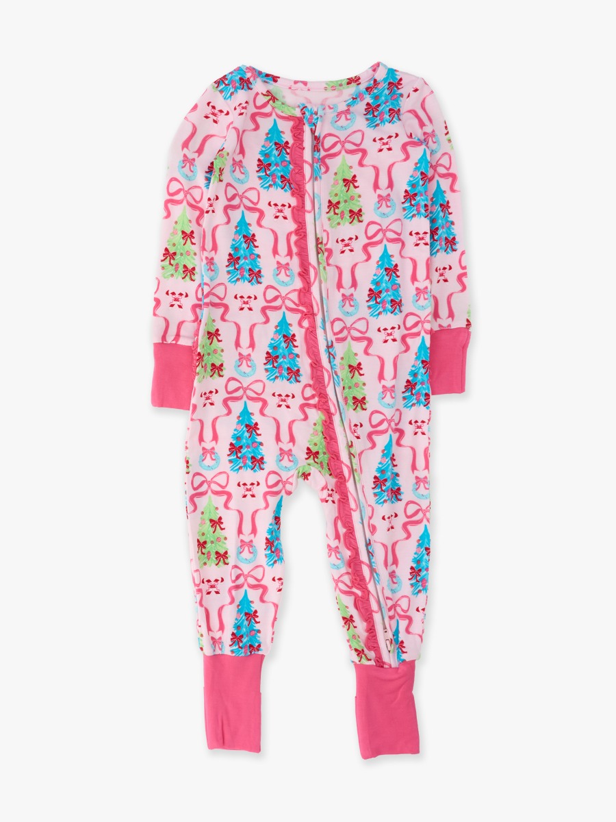 Line drawing of Merry & Bright Bows Convertible Ruffle One Piece Pajama, Bamboo Viscose. A dotted circle indicates the approximate location for personalization.