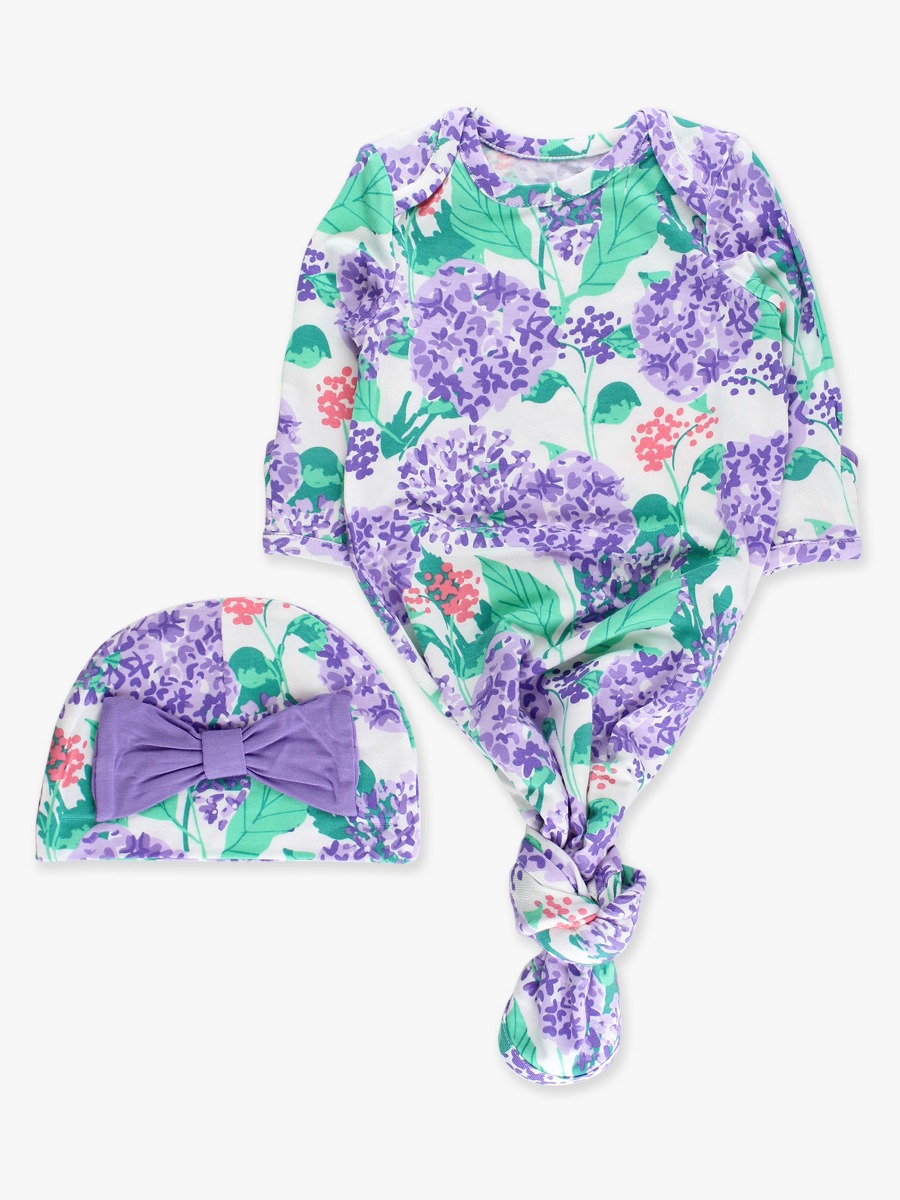 Line drawing of Purple Hydrangea Garden Ruffle Knotted Sleep Gown & Hat Set, Bamboo Viscose. A dotted circle indicates the approximate location for personalization.