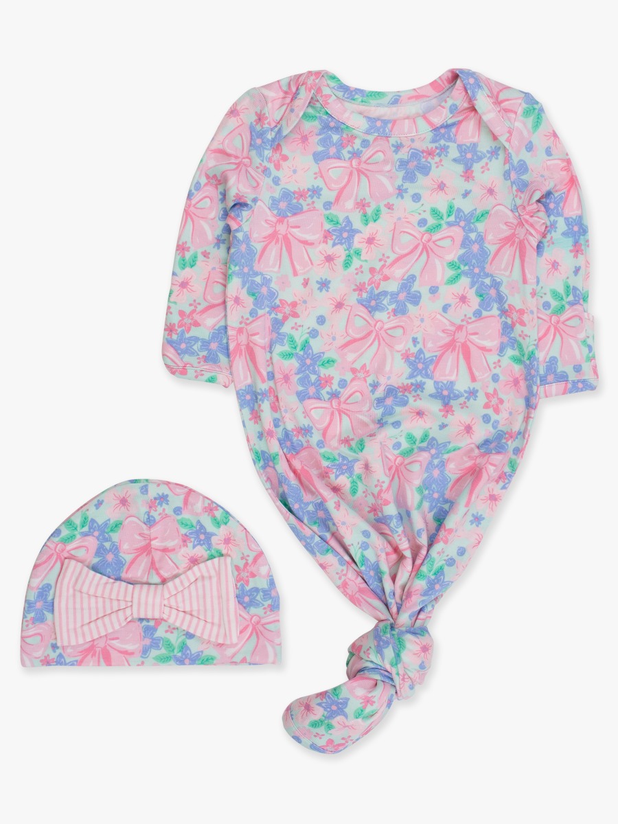 Line drawing of Bow Blooms Ruffle Knotted Sleep Gown & Hat Set, Bamboo Viscose. A dotted circle indicates the approximate location for personalization.