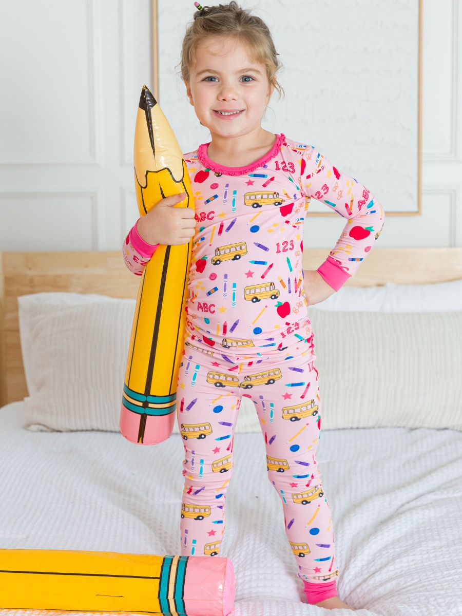 Pink School House Ruffle Long Sleeve Pajama Set