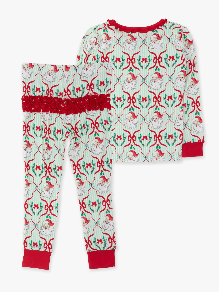 Line drawing of Green Stripe Dear Santa Ruffle Long Sleeve Pajama Set, Bamboo Viscose. A dotted circle indicates the approximate location for personalization.