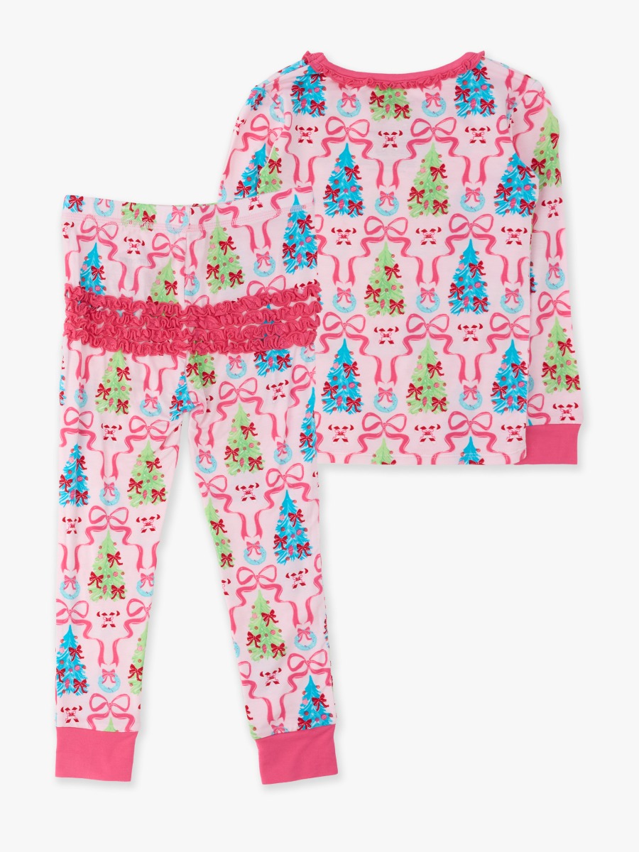Line drawing of Merry & Bright Bows Ruffle Long Sleeve Pajama Set, Bamboo Viscose. A dotted circle indicates the approximate location for personalization.