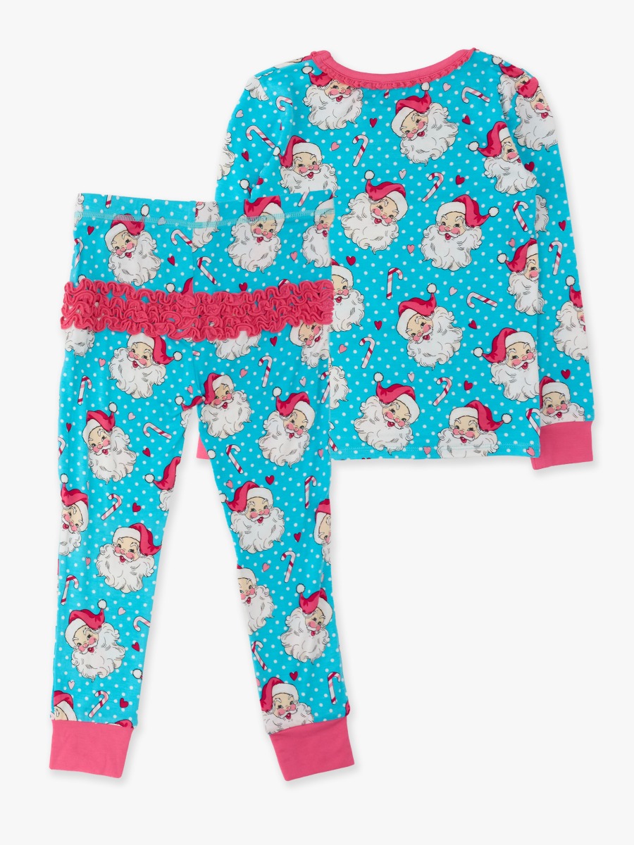 Line drawing of Blue Dots Santa Joy Ruffle Long Sleeve Pajama Set, Bamboo Viscose. A dotted circle indicates the approximate location for personalization.