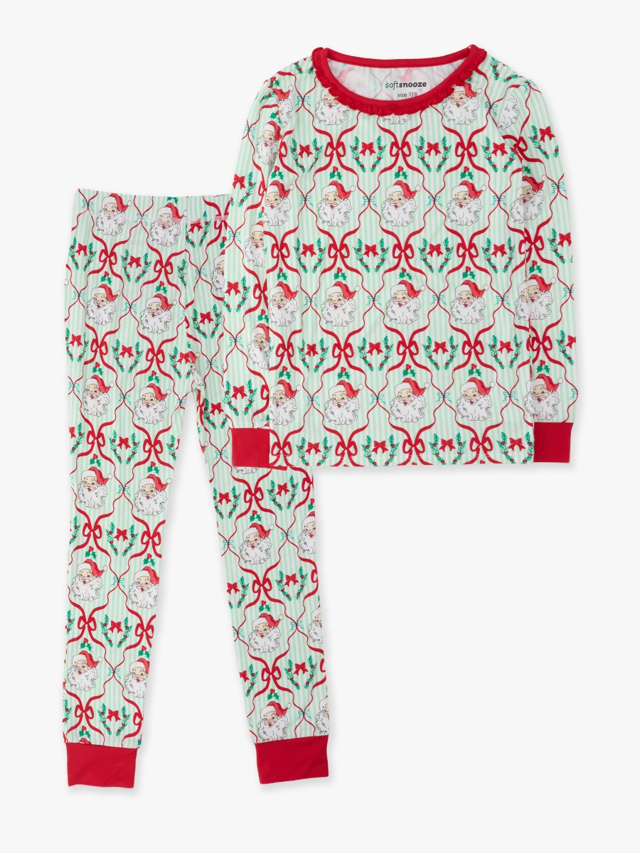 Line drawing of Green Stripe Dear Santa Girls Ruffle Long Sleeve Pajama Set, Bamboo Viscose. A dotted circle indicates the approximate location for personalization.