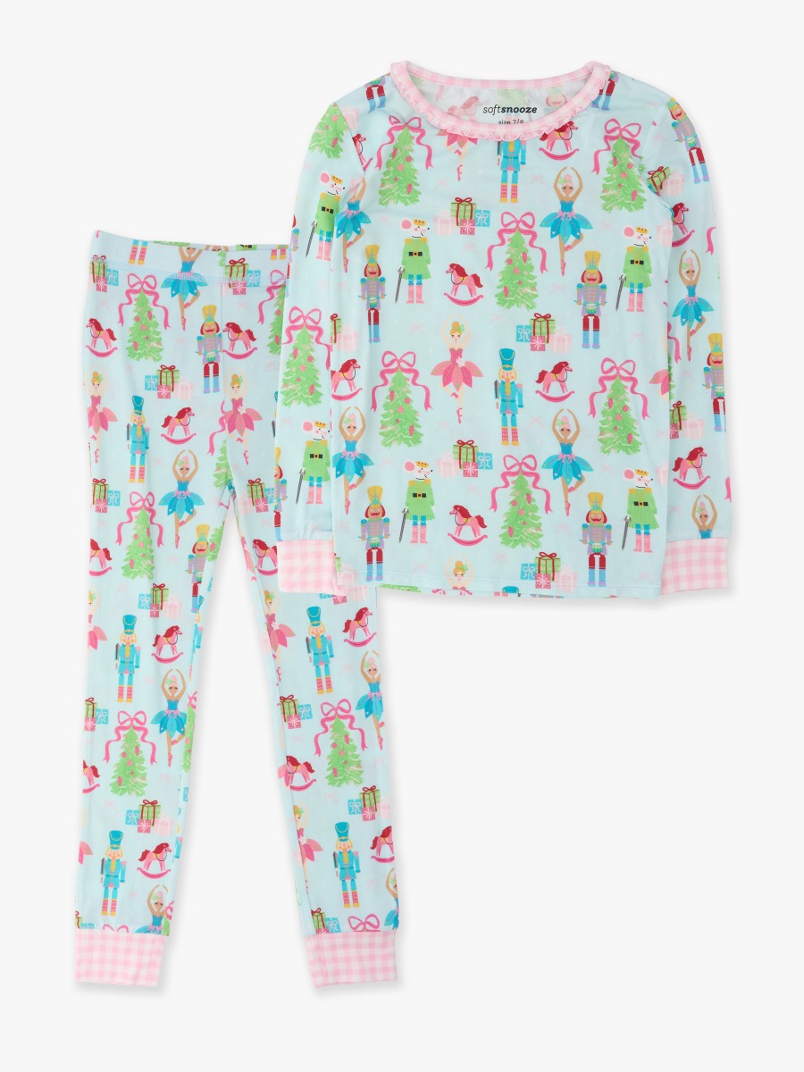 Line drawing of Nutcracker Wishes Girls Ruffle Long Sleeve Pajama Set, Bamboo Viscose. A dotted circle indicates the approximate location for personalization.