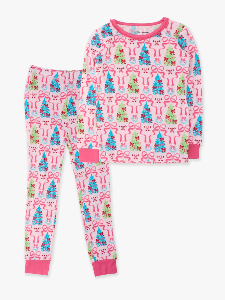 Line drawing of Merry & Bright Bows Girls Ruffle Long Sleeve Pajama Set, Bamboo Viscose. A dotted circle indicates the approximate location for personalization.