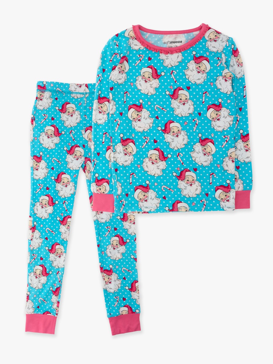 Line drawing of Blue Dots Santa Joy Girls Ruffle Long Sleeve Pajama Set, Bamboo Viscose. A dotted circle indicates the approximate location for personalization.