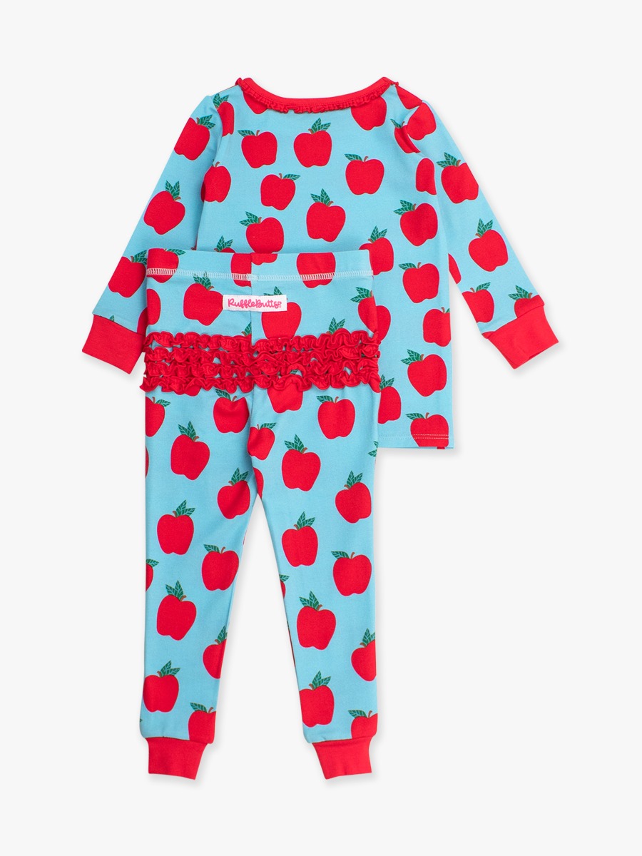 Blue Apple of My Eye Ruffle Long Sleeve Pajama Set, Modal Blend