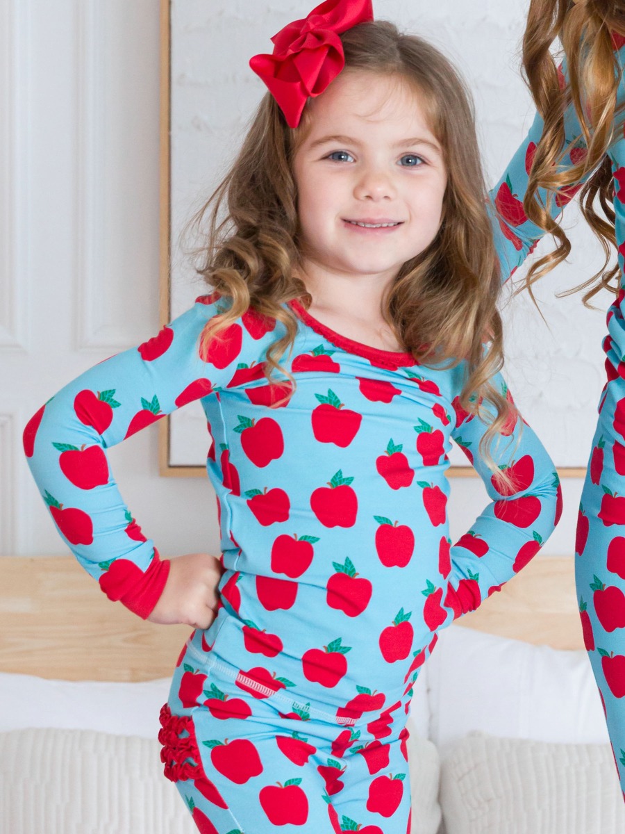 Blue Apple of My Eye Ruffle Long Sleeve Pajama Set, Modal Blend