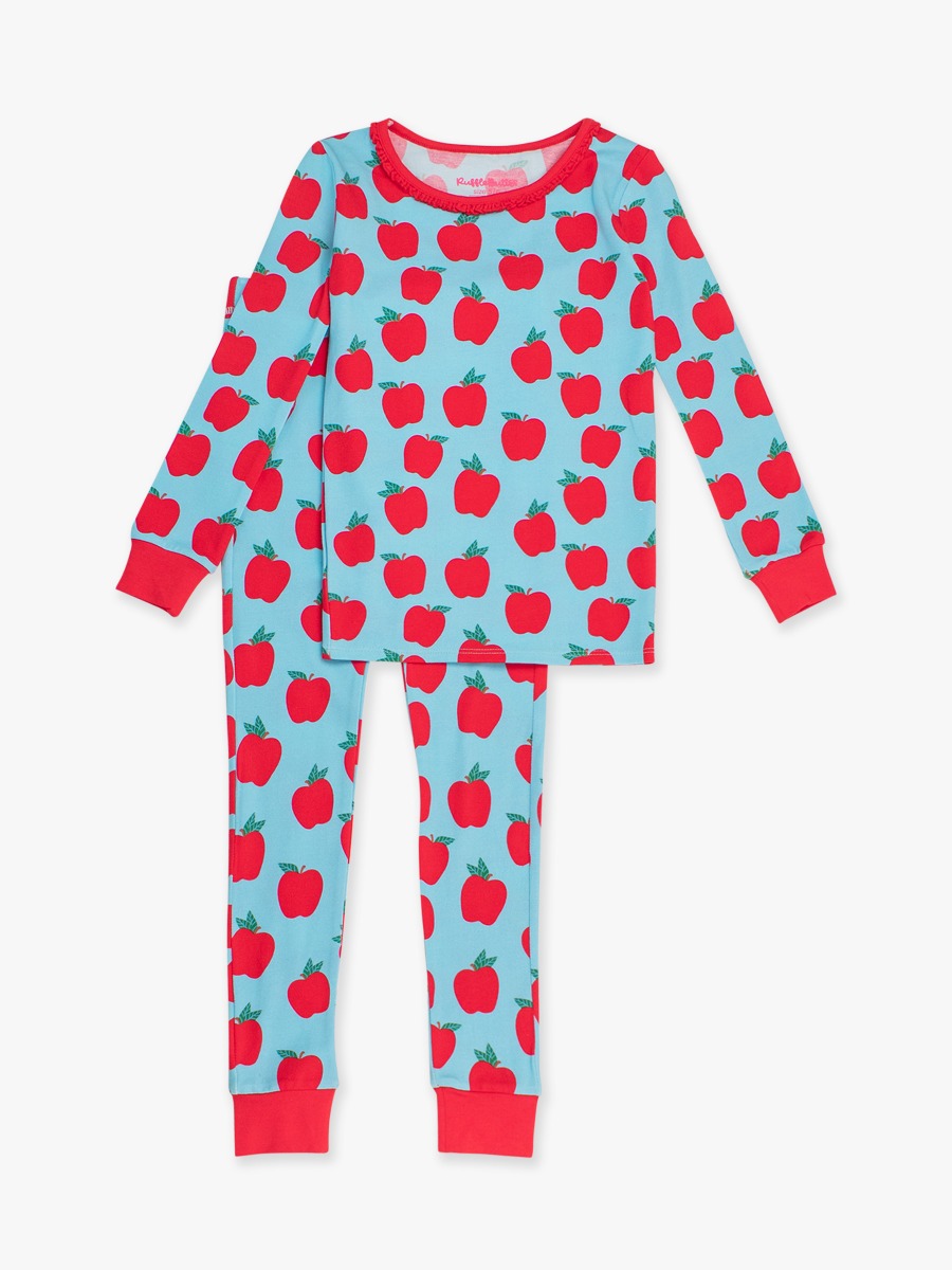 Blue Apple of My Eye Ruffle Long Sleeve Pajama Set, Modal Blend
