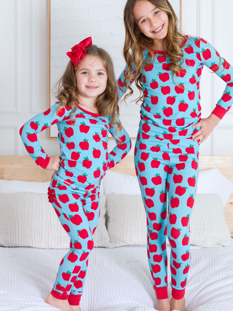 Blue Apple of My Eye Ruffle Long Sleeve Pajama Set, Modal Blend