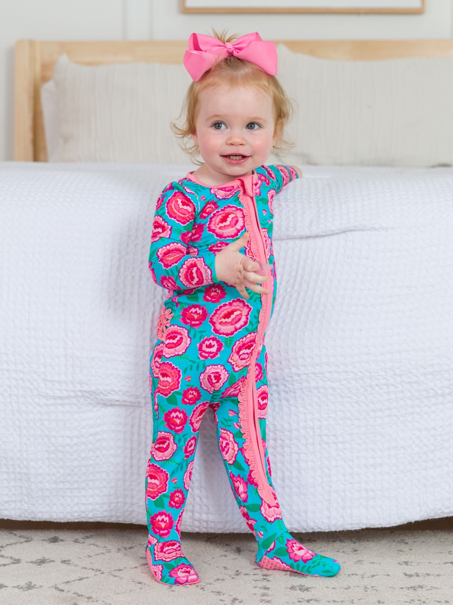 Bright Blossoms Ruffle One Piece Footie Pajama, Bamboo Viscose
