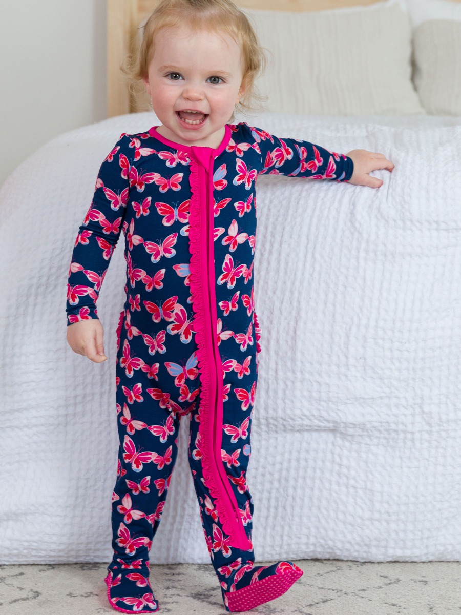 Butterfly Bliss Ruffle One Piece Footie Pajama, Bamboo Viscose