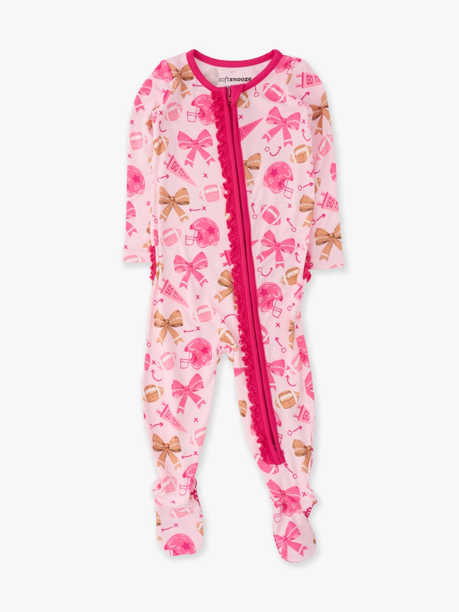 Line drawing of Footballs & Bows Ruffle One Piece Footie Pajamas. A dotted circle indicates the approximate location for personalization.