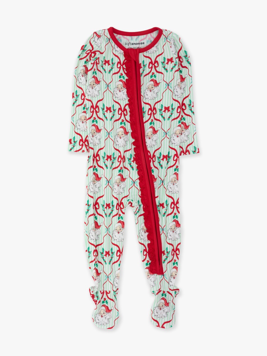 Line drawing of Green Stripe Dear Santa Ruffle One Piece Footie Pajamas. A dotted circle indicates the approximate location for personalization.