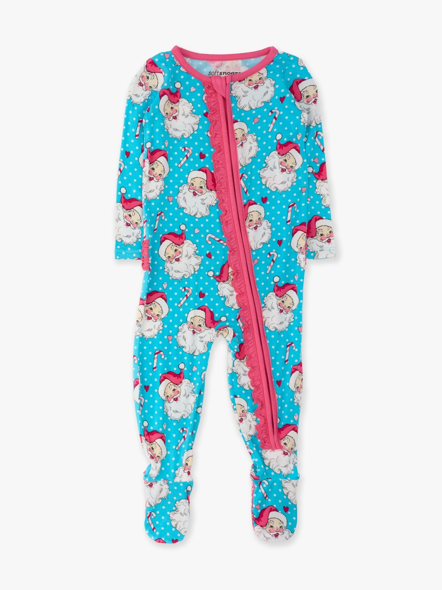 Line drawing of Blue Dots Santa Joy Ruffle One Piece Footie Pajamas. A dotted circle indicates the approximate location for personalization.