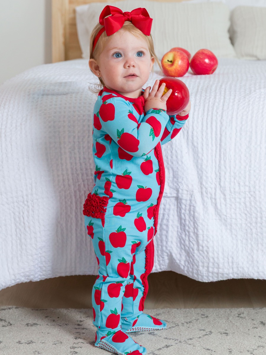 Blue Apple of My Eye Ruffle One Piece Footie Pajamas, Modal Blend
