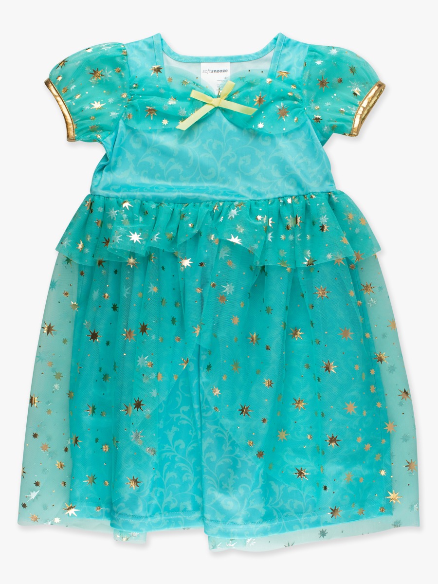 Line drawing of Teal Golden Princess Princess Dress-Up Puff Sleeve Nightgown. A dotted circle indicates the approximate location for personalization.
