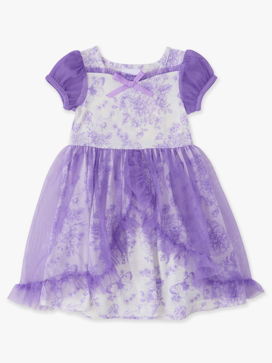 Line drawing of Wisteria Purple Butterfly Garden Toile Princess Dress-Up Sweetheart Nightgown. A dotted circle indicates the approximate location for personalization.