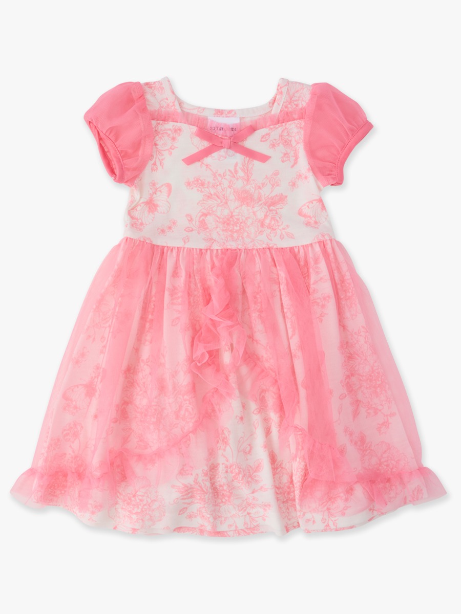 Line drawing of Bubblegum Pink Butterfly Garden Toile Princess Dress-Up Sweetheart Nightgown. A dotted circle indicates the approximate location for personalization.