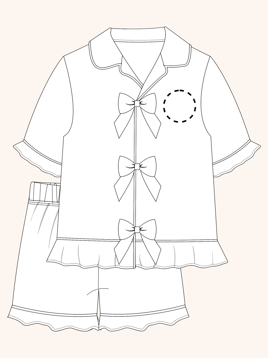 Line drawing of Purple Hydrangea Garden Short Sleeve Bow Ruffle Pajama Set. A dotted circle indicates the approximate location for personalization.