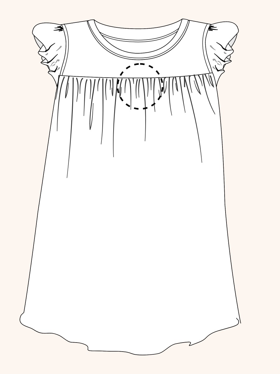 Line drawing of Bunnies in Bloom Flutter Pajama Night Gown. A dotted circle indicates the approximate location for personalization.