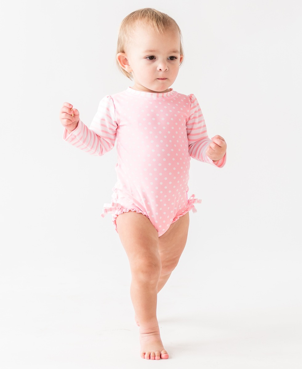 Pink Polka Dot Long Sleeve One Piece Rash Guard