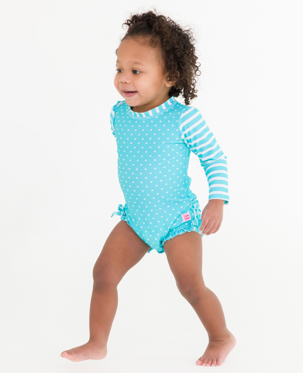 Bright Aqua Heart Polka Dot Long Sleeve One Piece Rash Guard