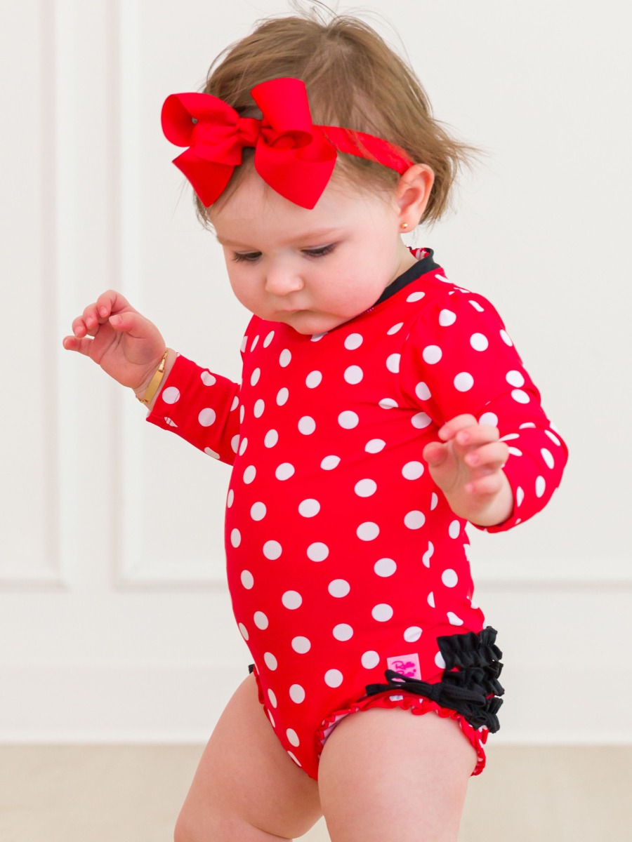 Red Vintage Polka Dot Long Sleeve One Piece Rash Guard