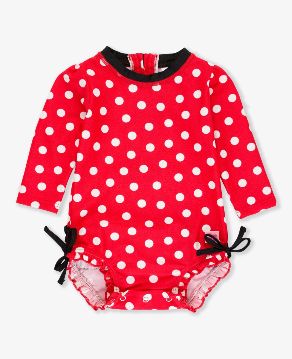 Red Vintage Polka Dot Long Sleeve One Piece Rash Guard