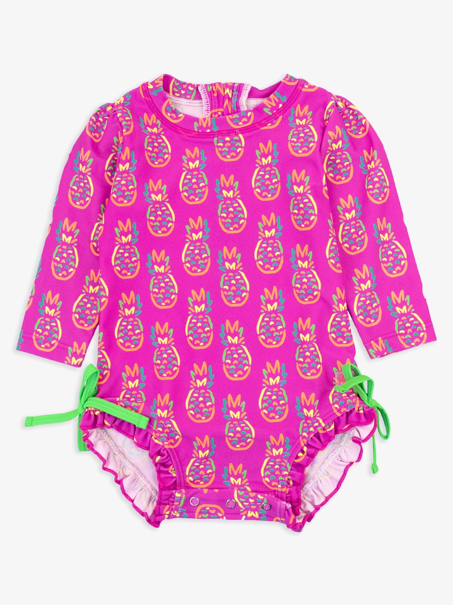 Neon Violet Pineapples Long Sleeve One Piece Rash Guard