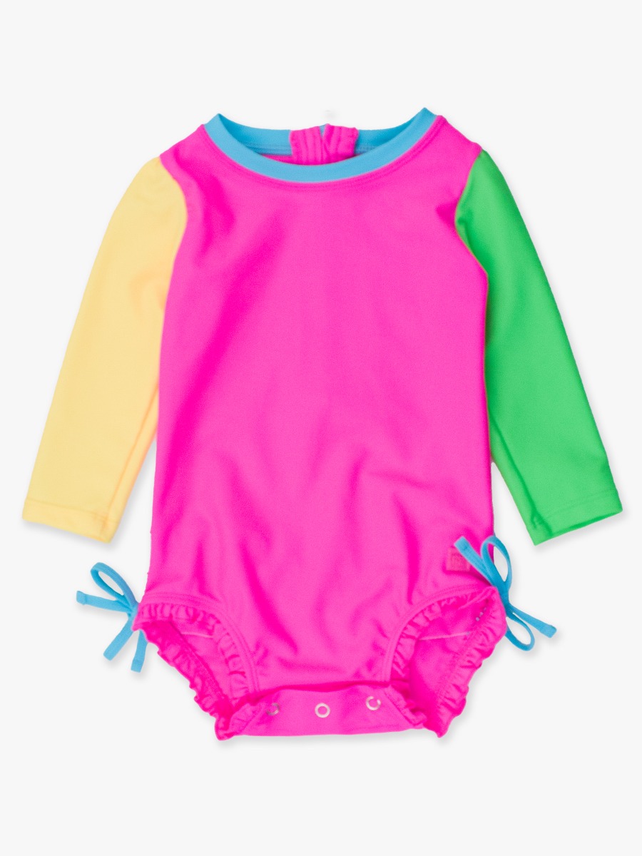 Neon Color Block Long Sleeve One Piece Rash Guard Swimsuit, with Signature Rear Ruffles -  3-6m